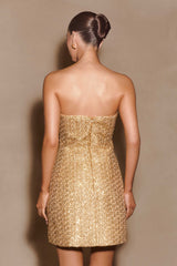 Gala Strapless Tweed Mini Dress - Gold