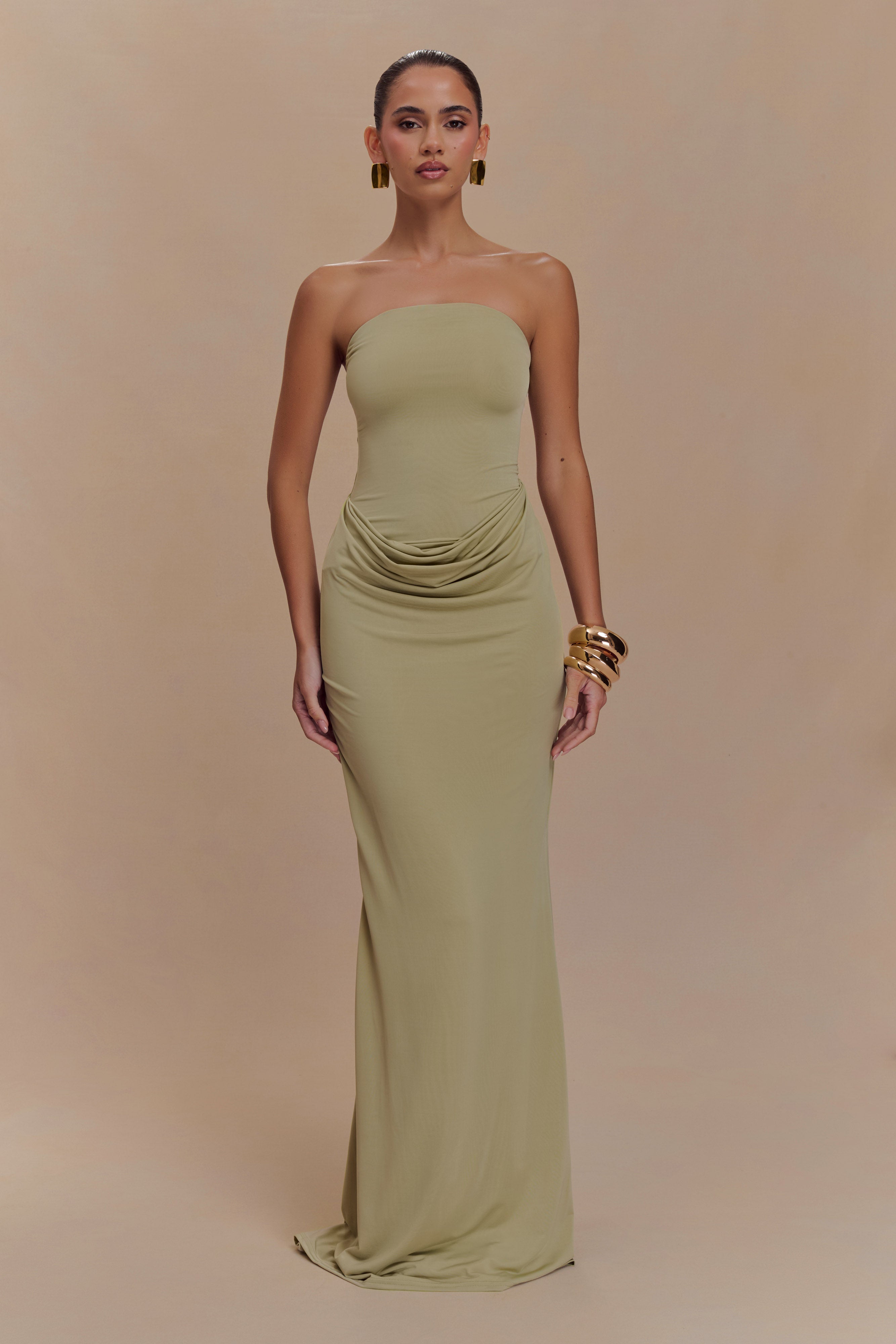 Madison Strapless Slinky Maxi Dress - Sage