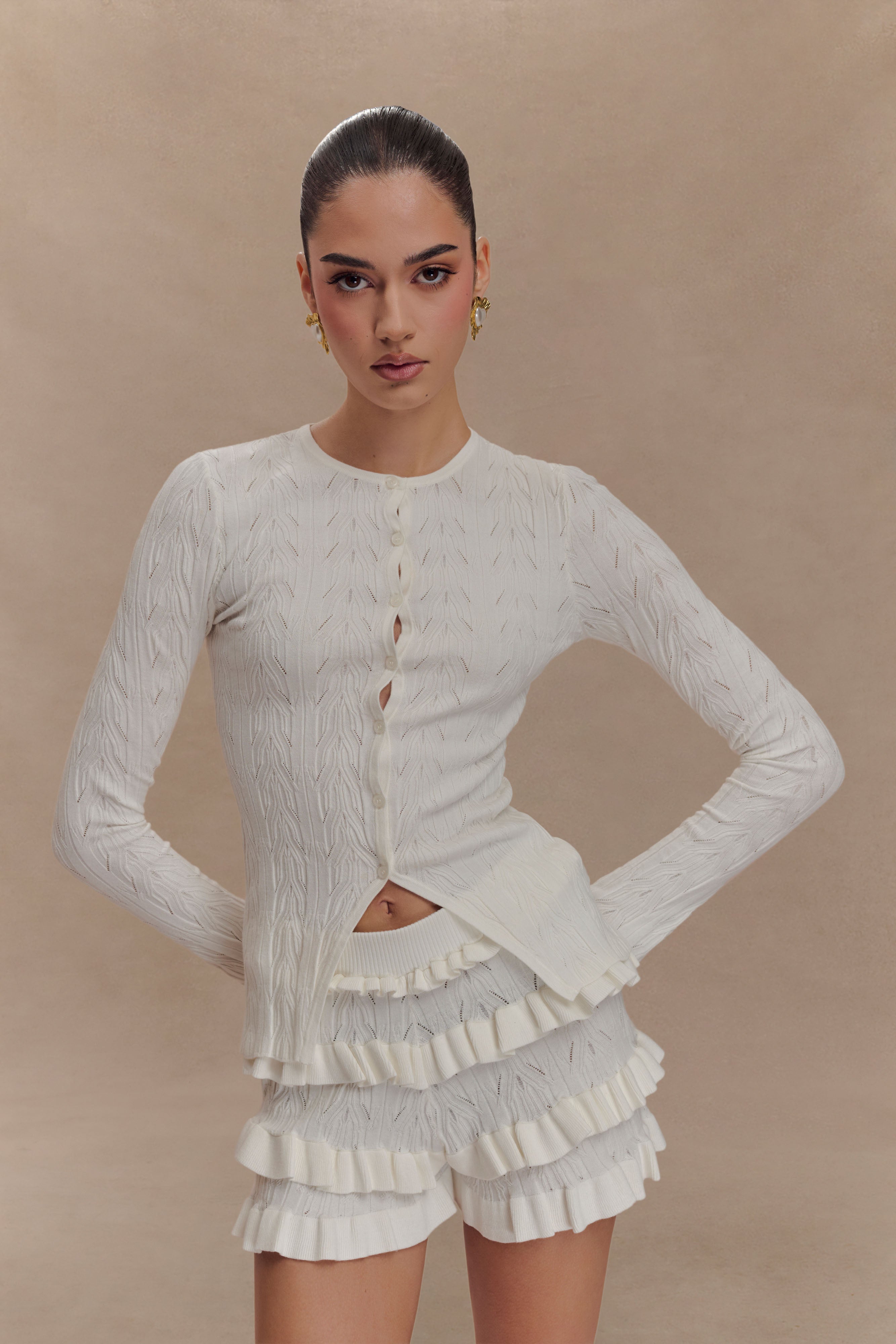 Amy Pointelle Bell Sleeve Cardigan - Ivory