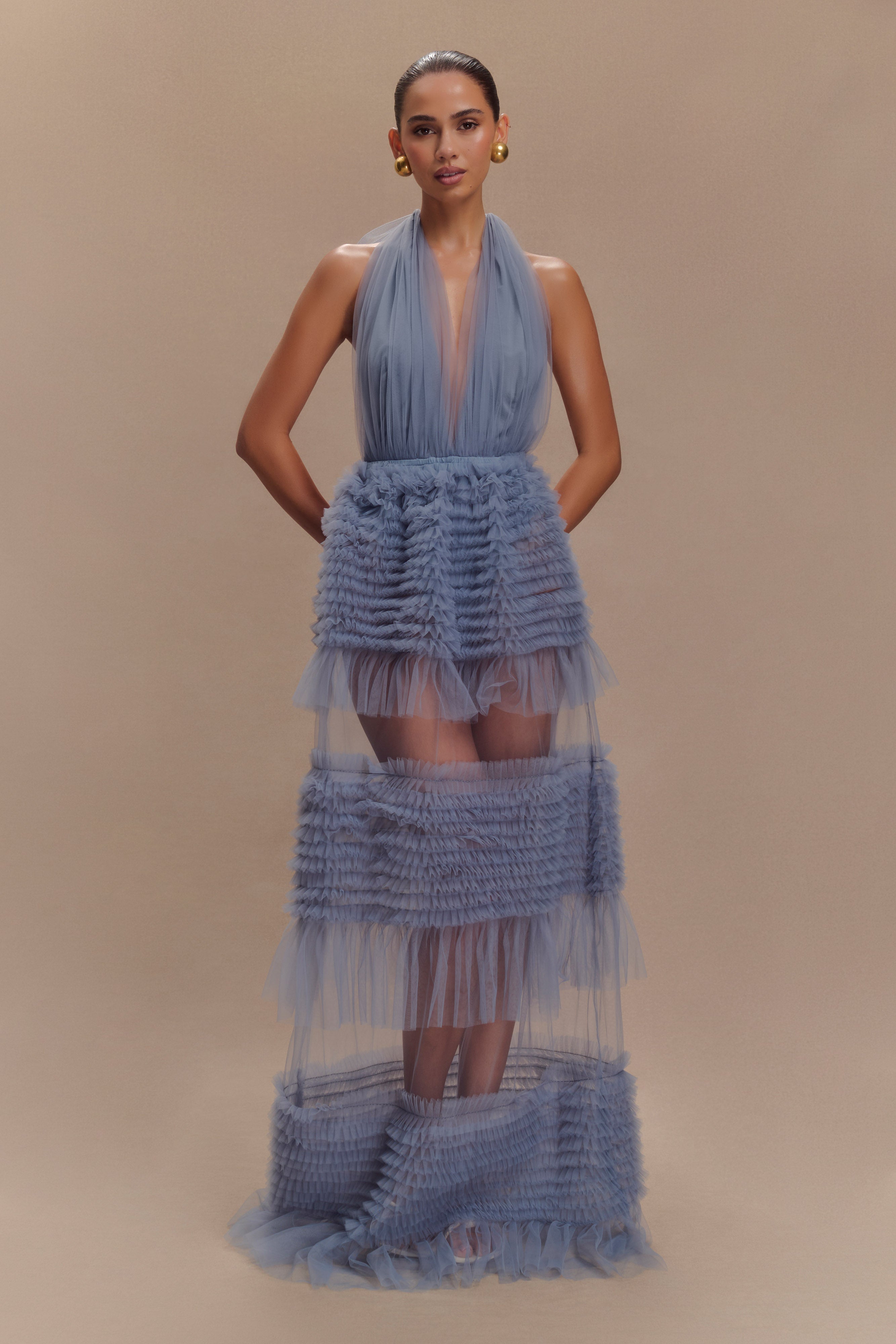Minka Mesh Ruffle Halter Maxi Dress - Dusty Blue