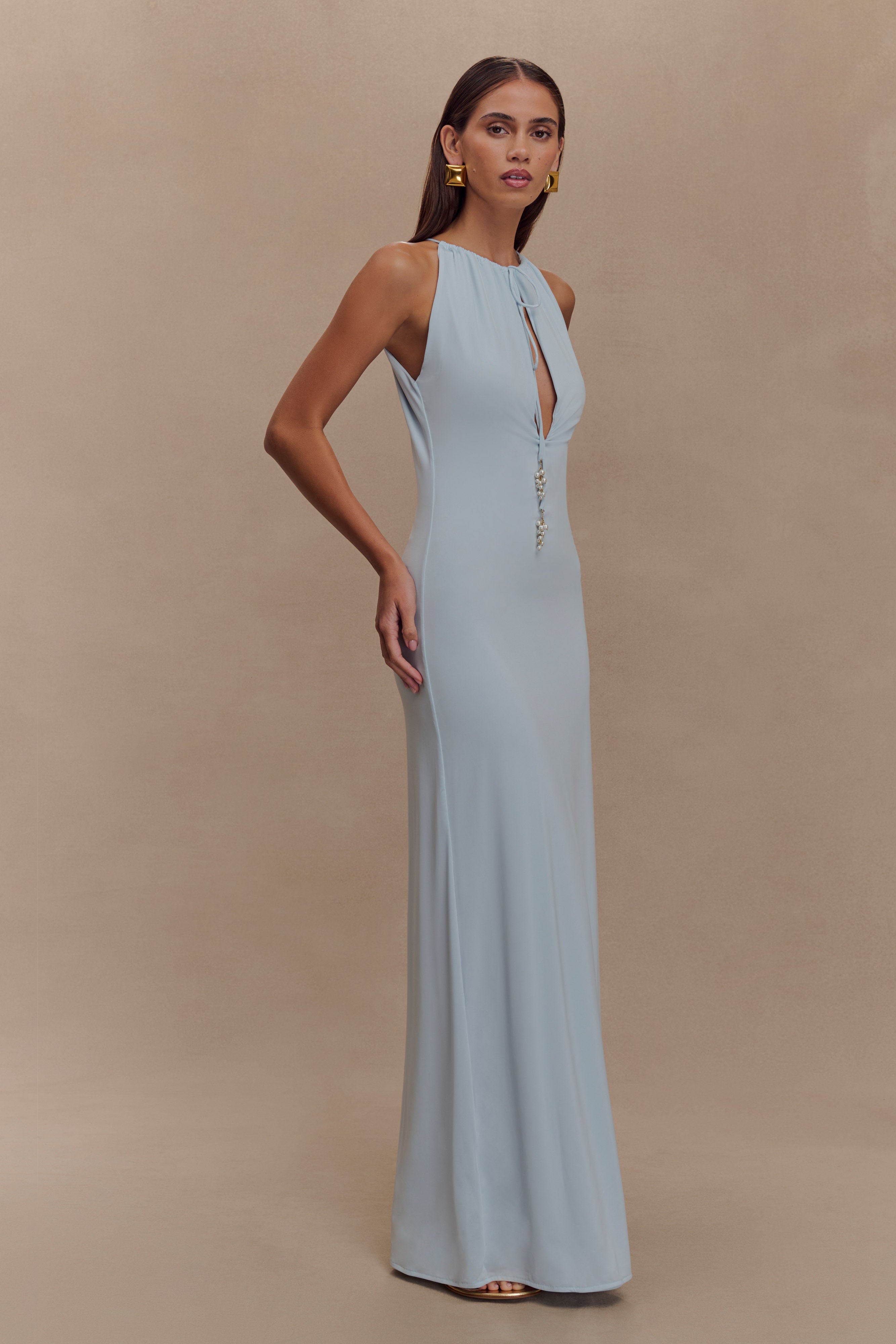 Beryl Slinky Maxi Dress With Pearls - Pale Blue