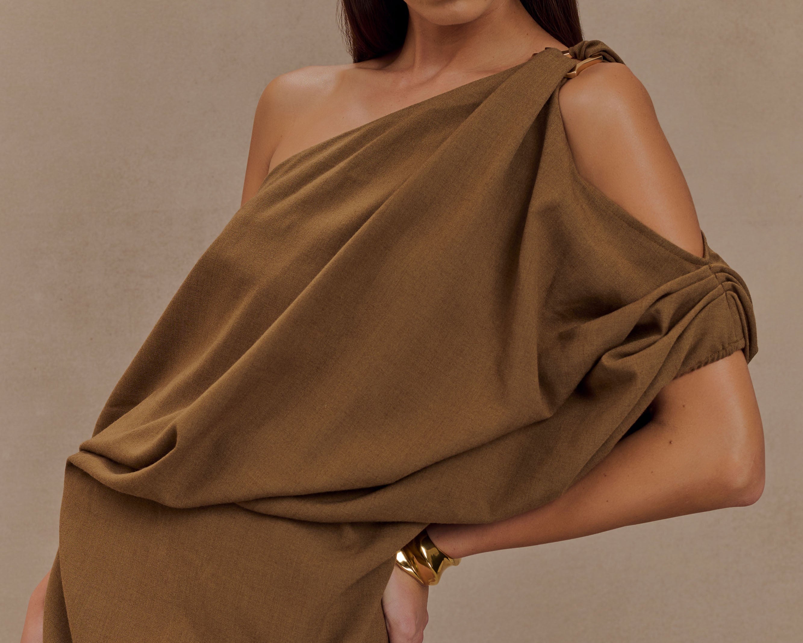 Gabriella Draped Mini Dress - Light Brown Marle