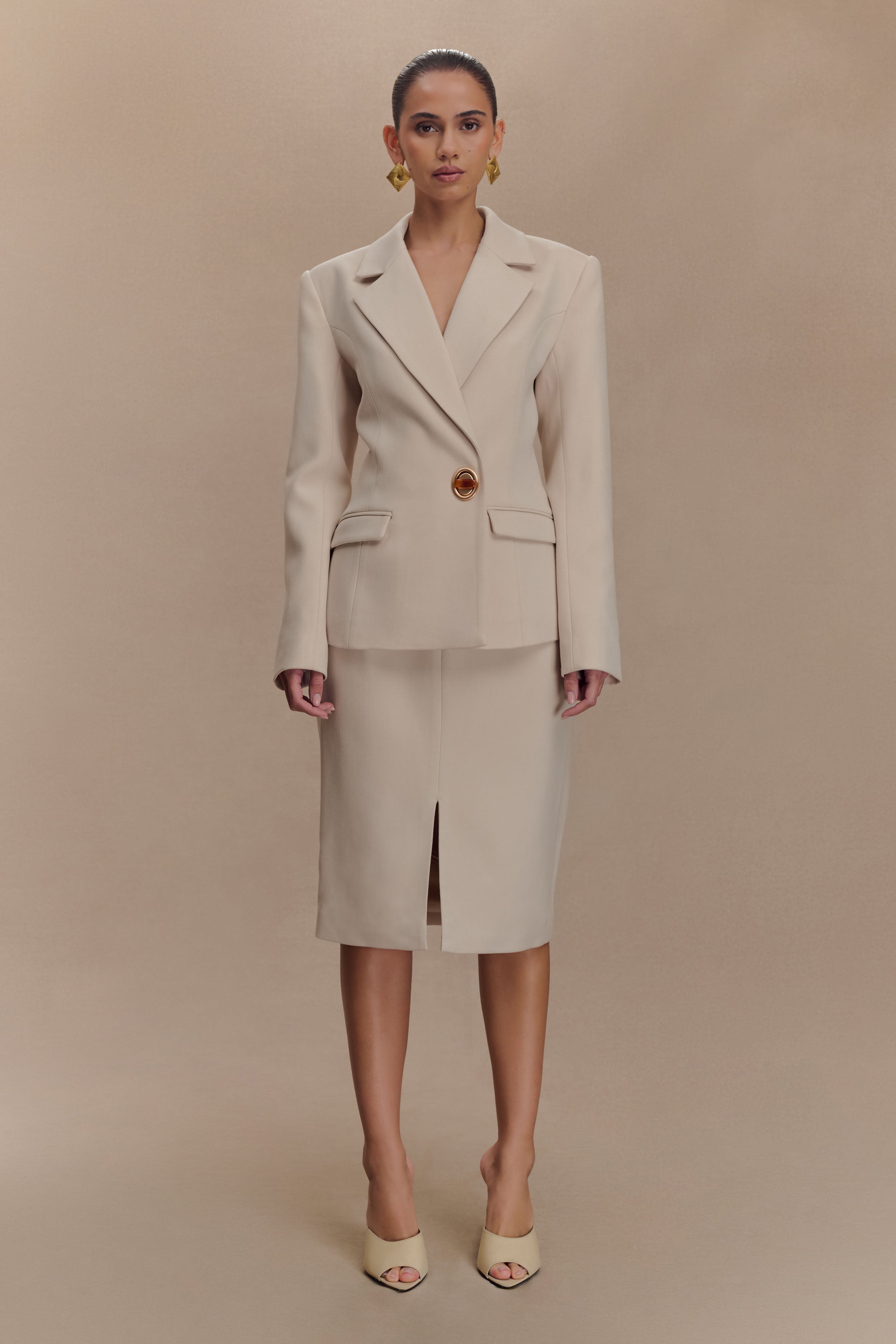 Vera Suiting Split Front Midi Skirt - Ivory Stone