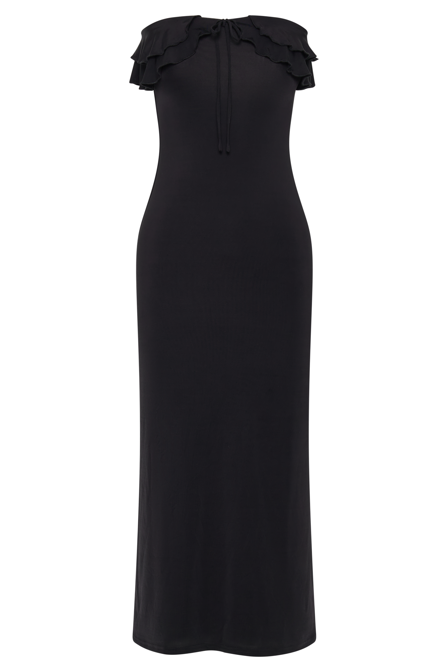 Bea Strapless Slinky Ruffle Midi Dress - Black