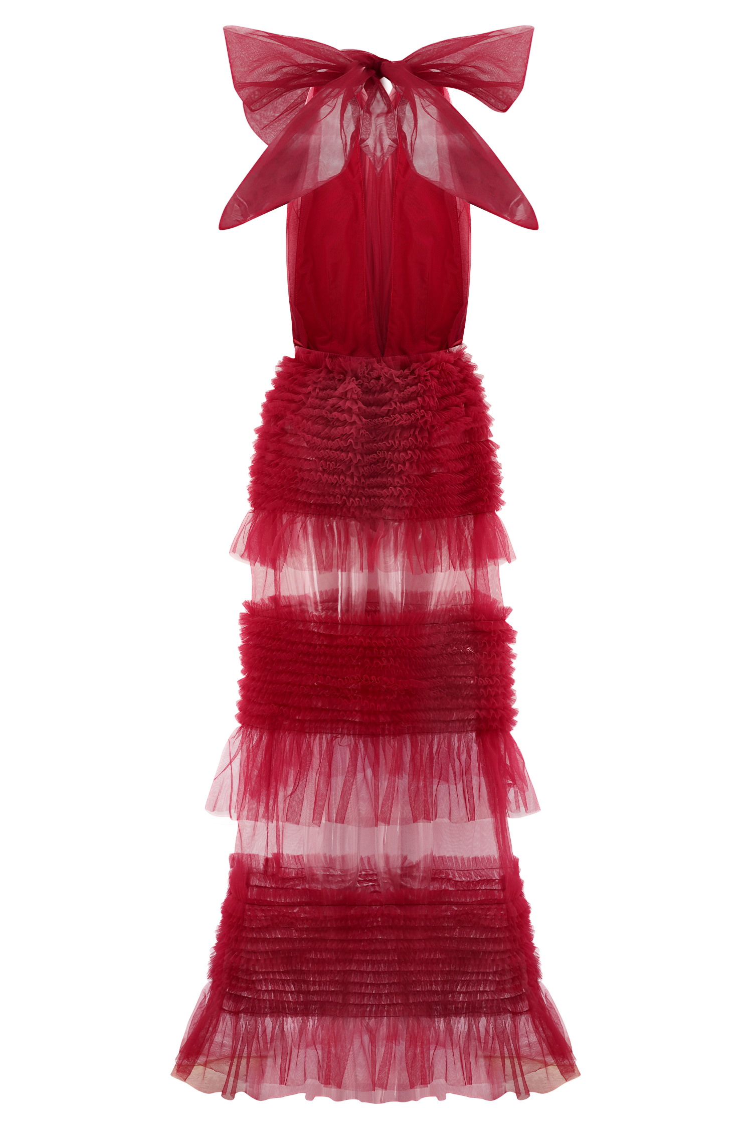 Minka Mesh Ruffle Halter Maxi Dress - Red